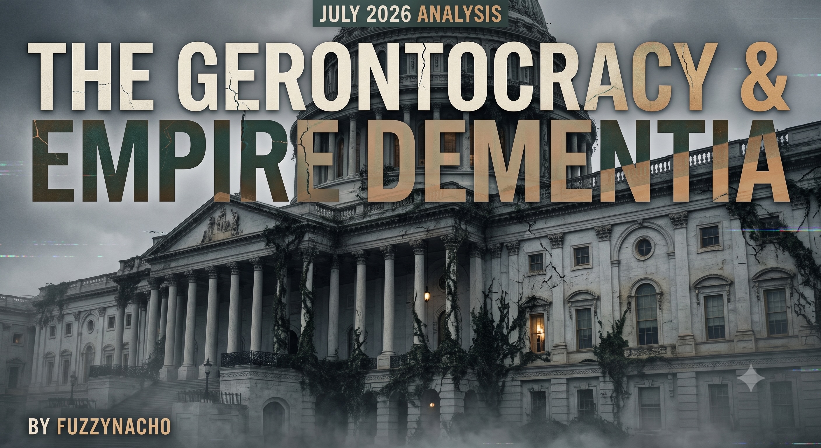 A political cartoon illustrating system decay with a cracked capitol dome.