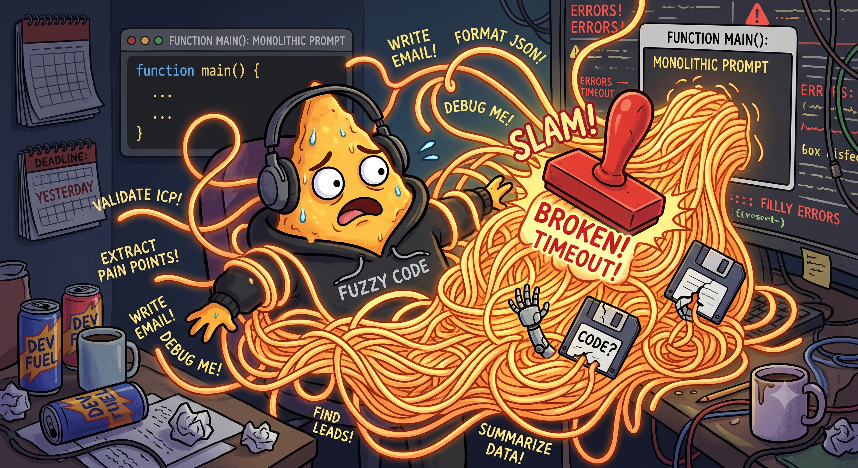 A chaotic, monolithic prompt visualized as messy spaghetti code