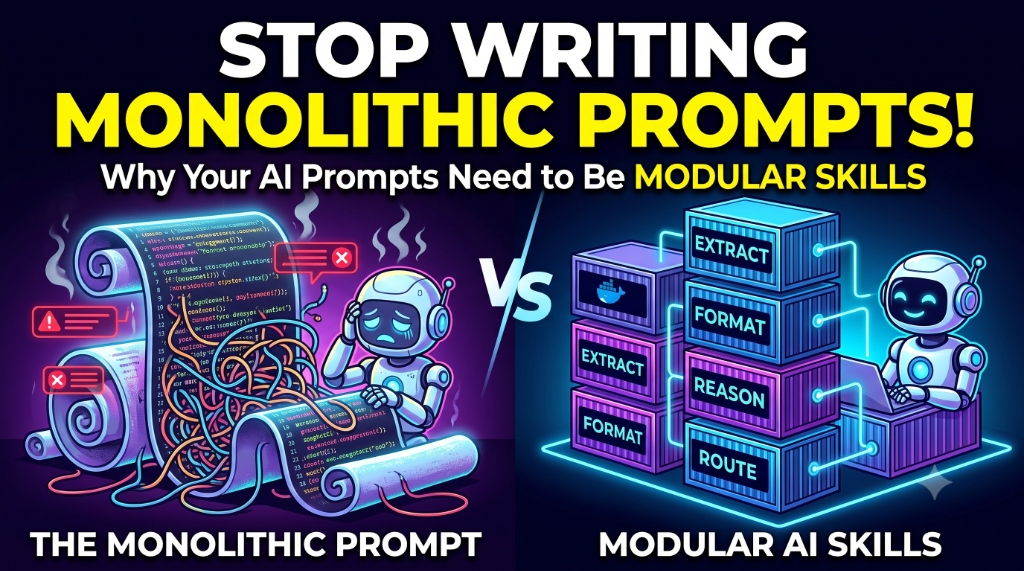 A split comparison diagram showing monolithic prompts vs modular AI skills.