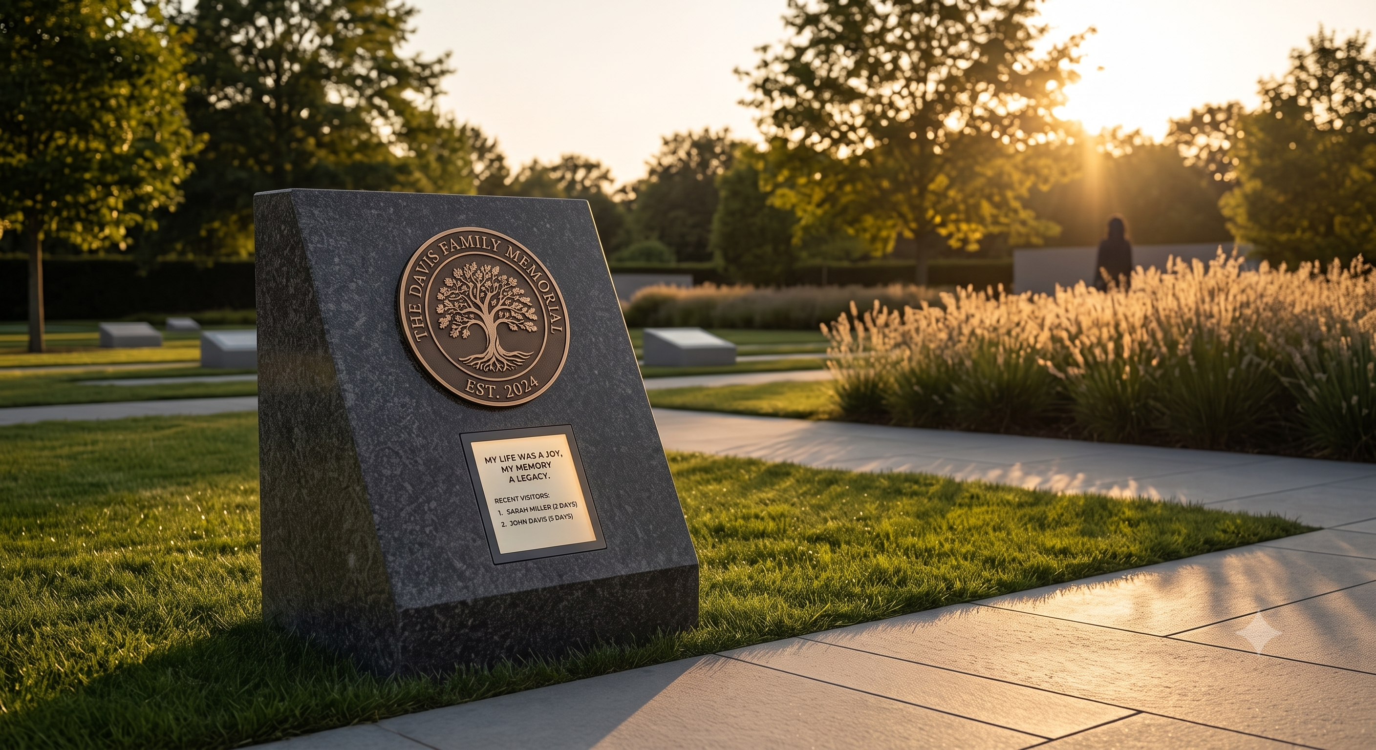 A mockup of the LegacyLink e-ink memorial display positioned at a gravestone site