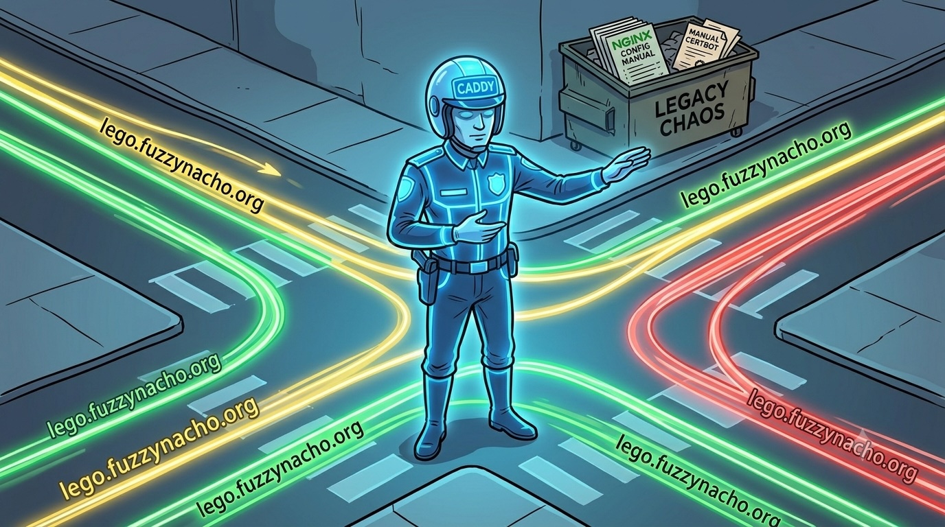 A sleek, futuristic traffic cop with glowing accents calmly directing chaotic laser-beam data streams into neat, sorted LXC containers