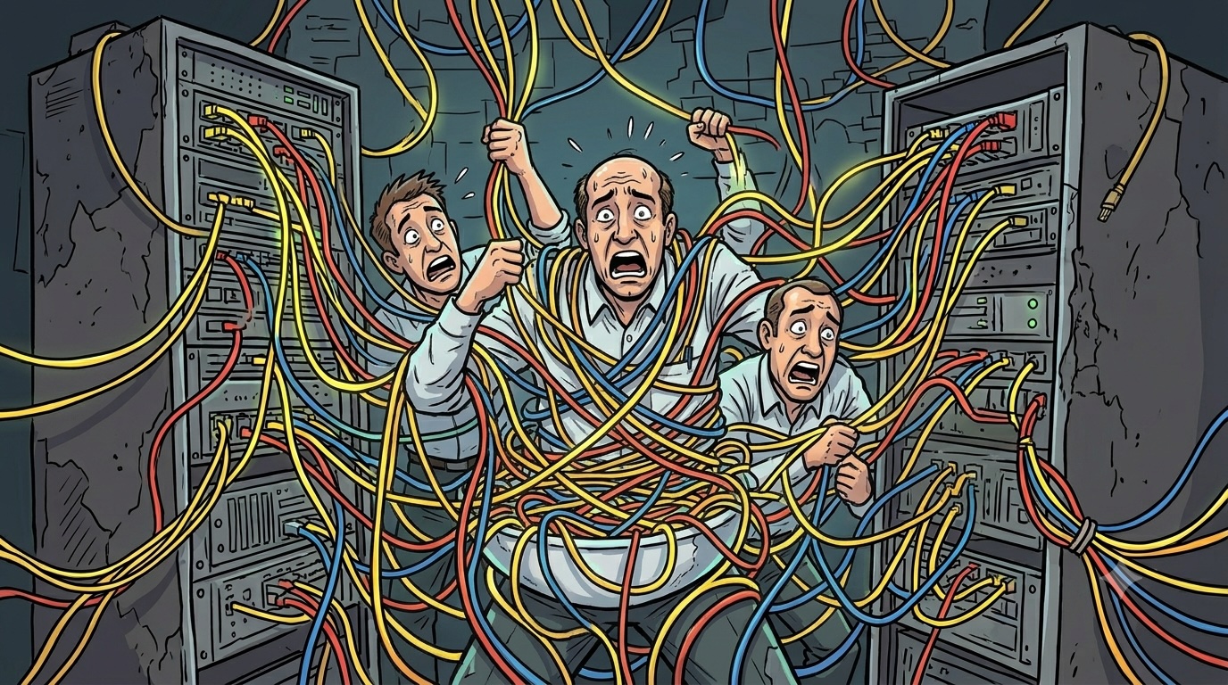 A stressed engineer tangled hopelessly in a chaotic web of glowing, multi-colored server cables, representing infrastructure bloat
