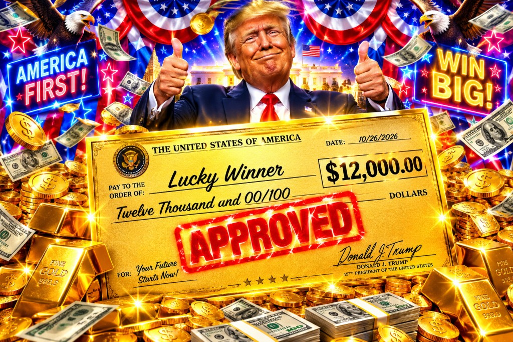Satirical $12,000 check payable to Lucky Winner
