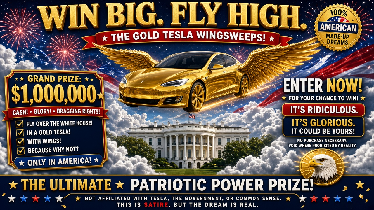 Satirical flying gold Tesla sweepstakes prize
