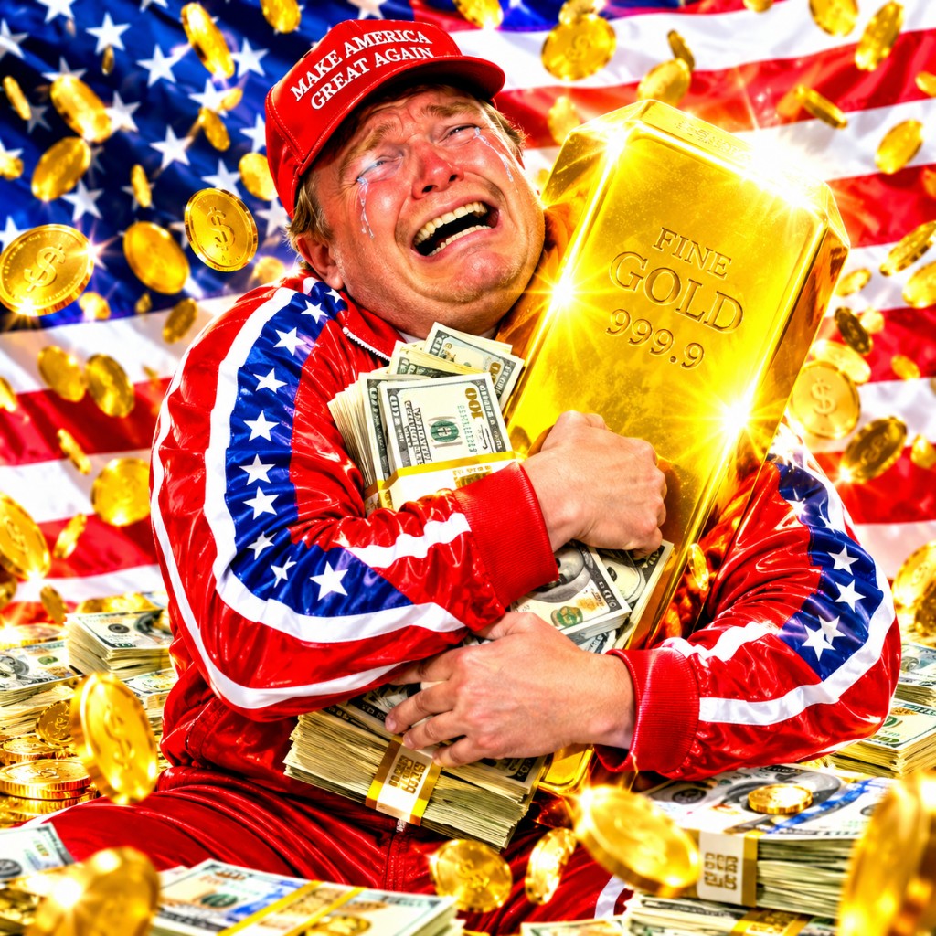 Satirical investor clutching gold