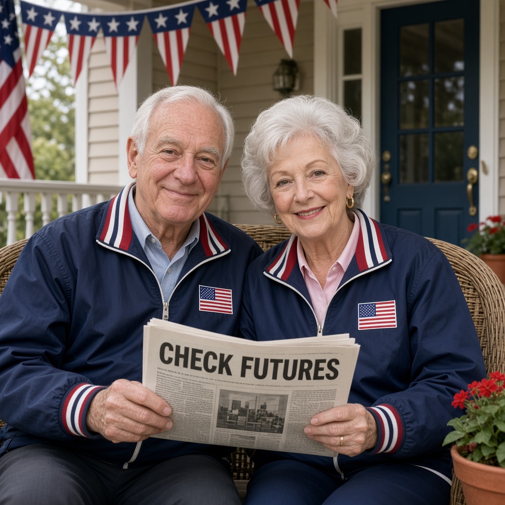 Satirical portrait of a retired couple on a porch