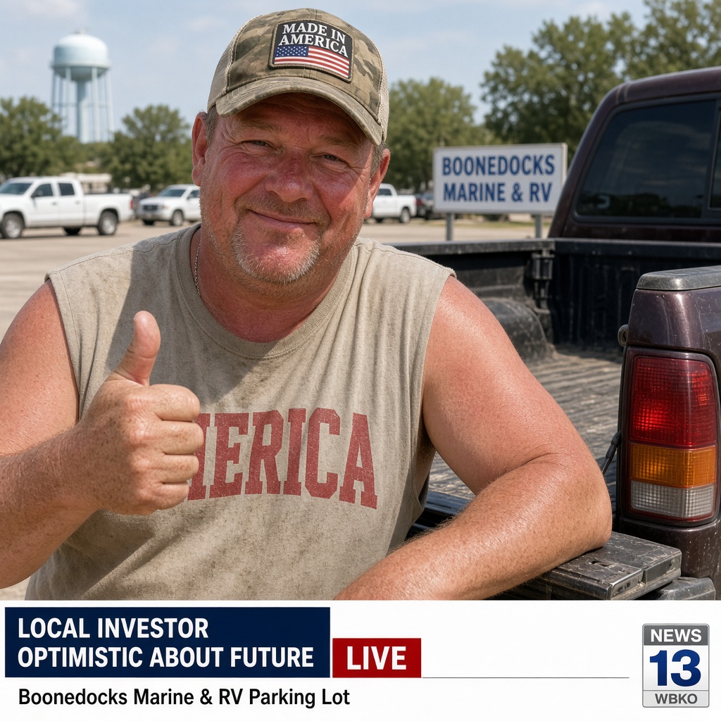 Satirical portrait of an investor by a pickup truck